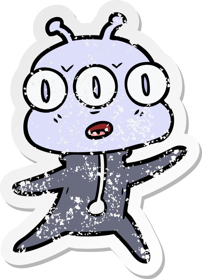 distressed sticker of a cartoon three eyed alien vector