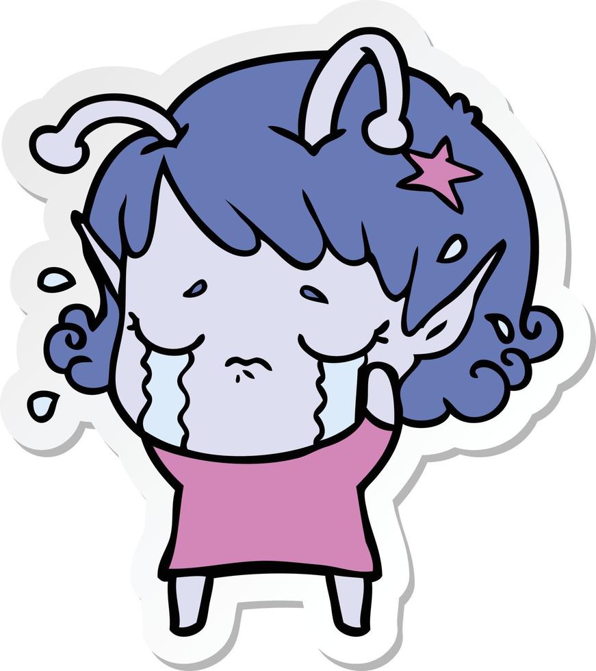 sticker of a cartoon crying alien girl vector