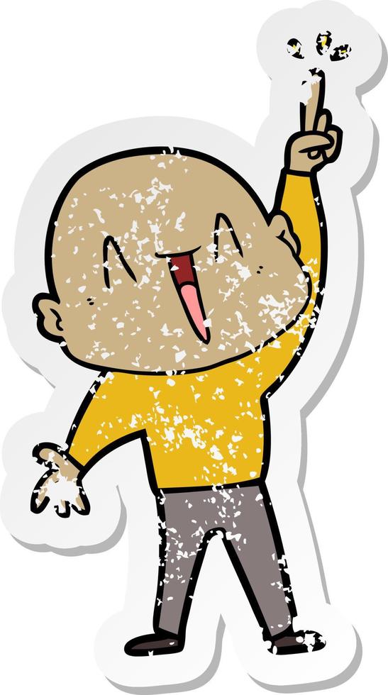 distressed sticker of a happy cartoon bald man with great idea vector