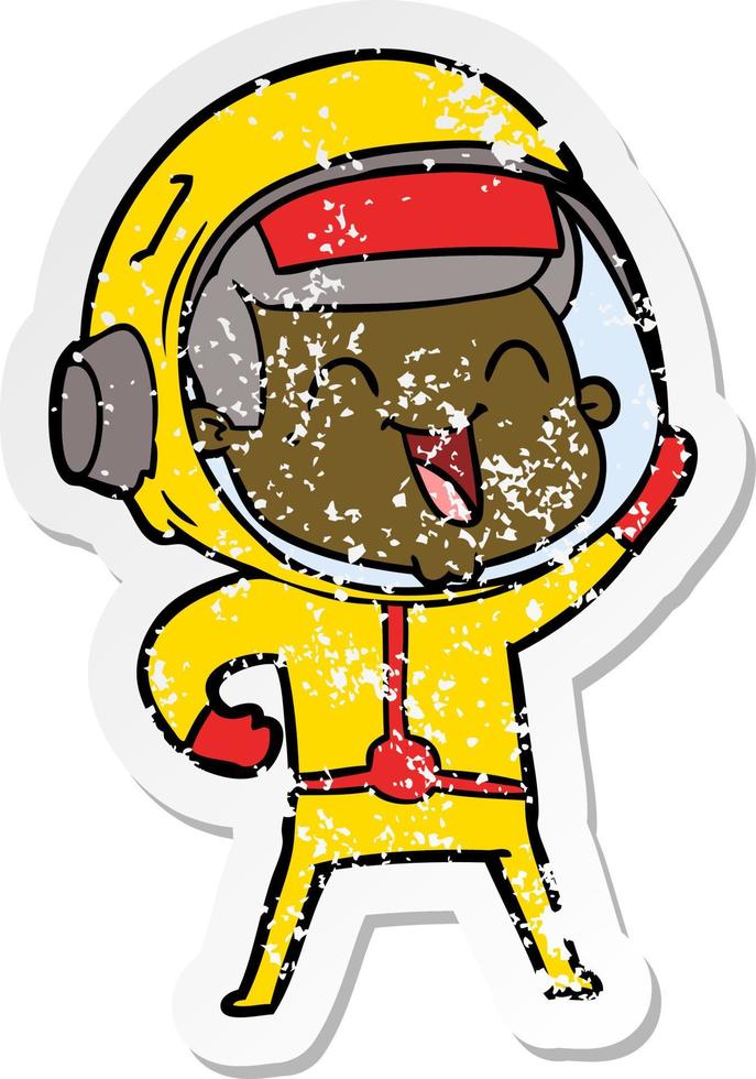 distressed sticker of a happy cartoon astronaut vector