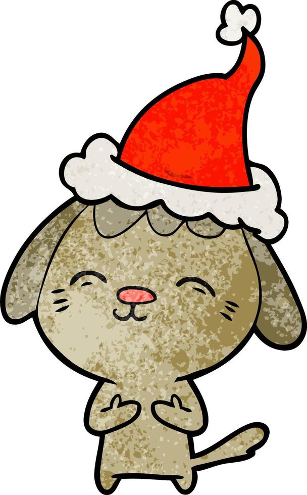 happy textured cartoon of a dog wearing santa hat vector
