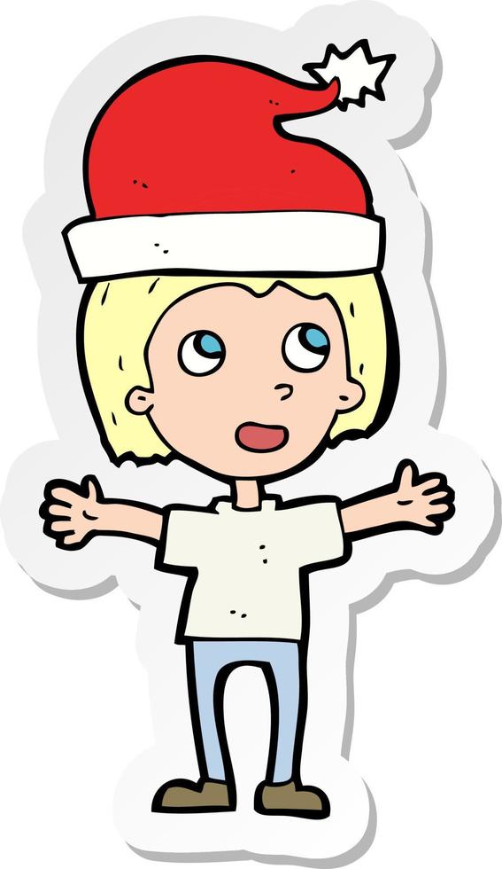 sticker of a cartoon boy in christmas hat vector