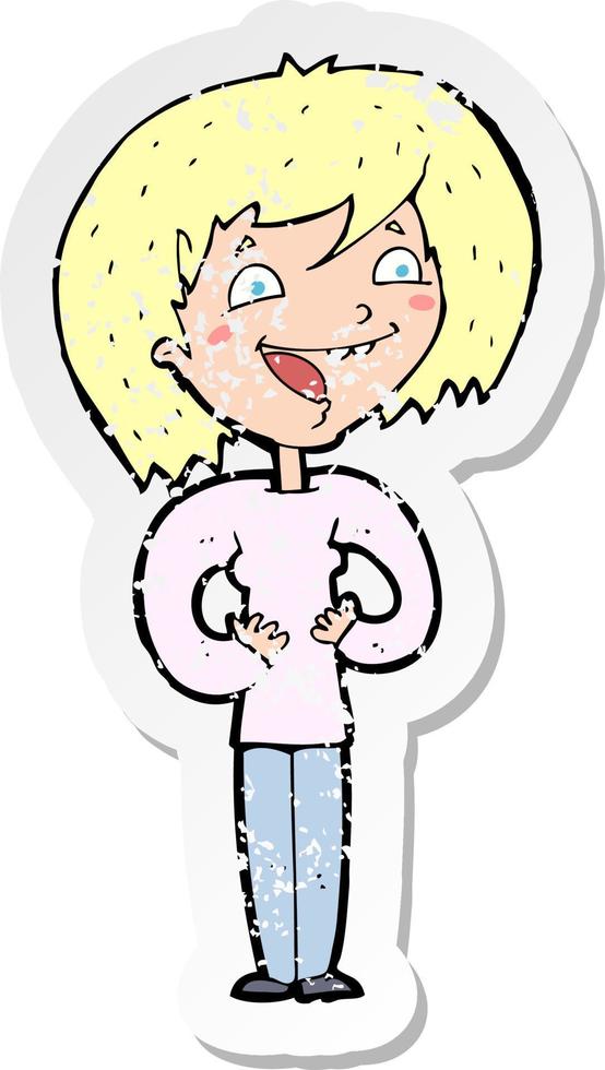 retro distressed sticker of a cartoon excited woman vector