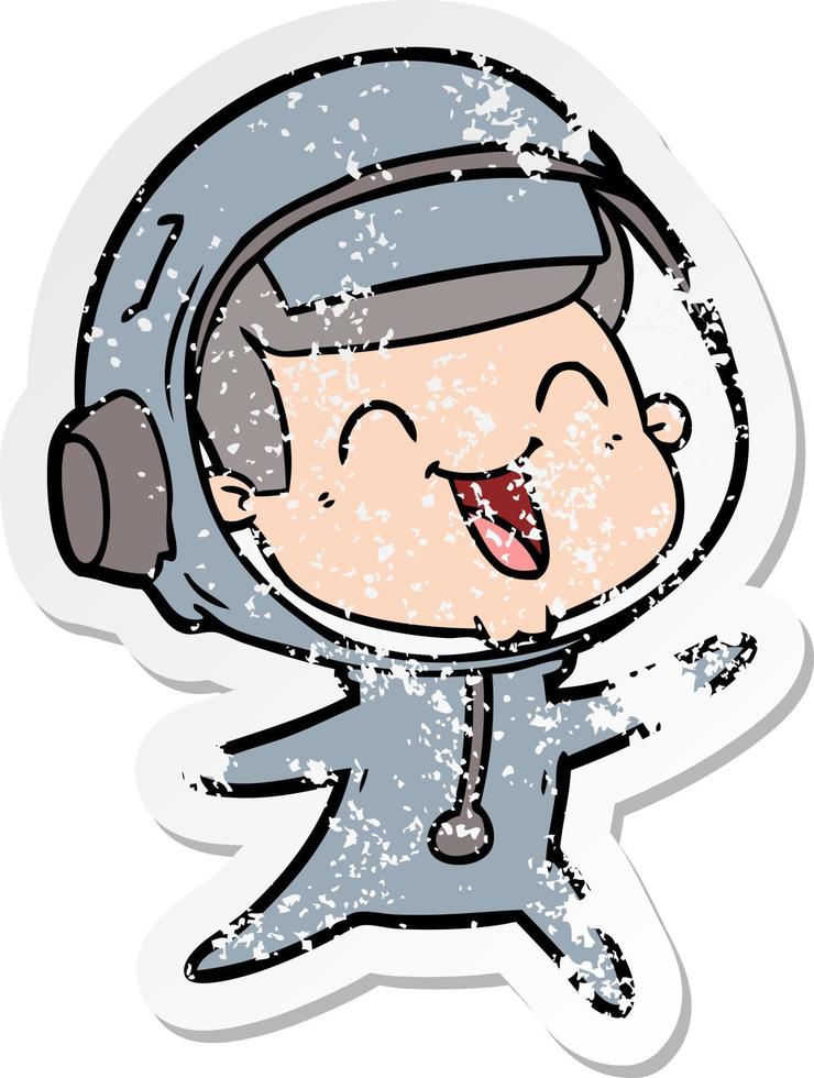 distressed sticker of a happy cartoon astronaut vector