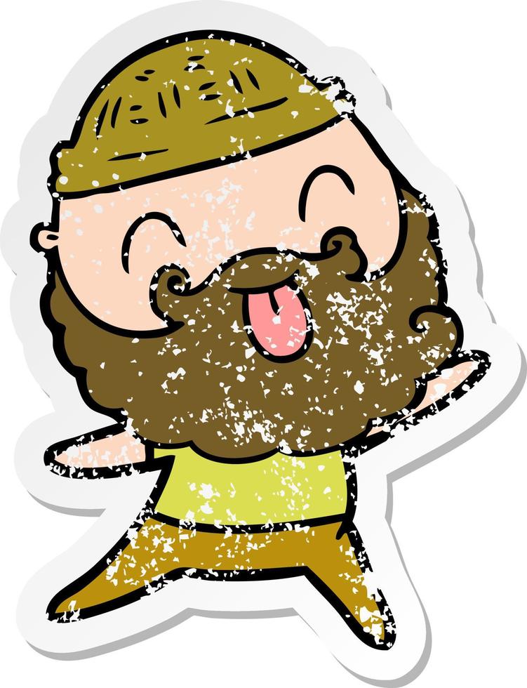 distressed sticker of a man with beard sticking out tongue vector