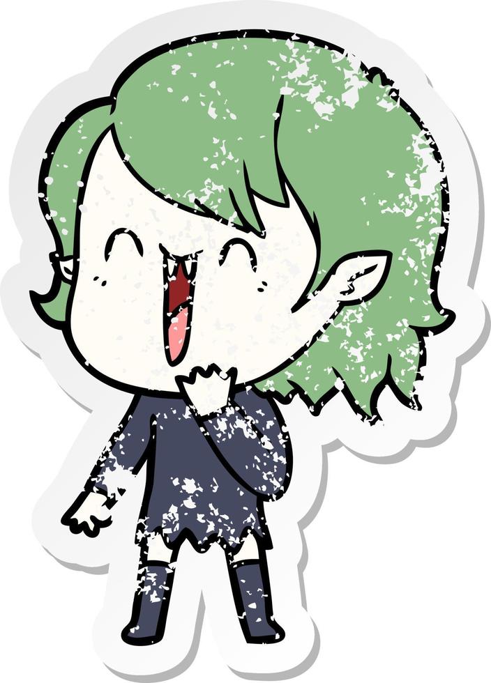 distressed sticker of a cute cartoon happy vampire girl vector