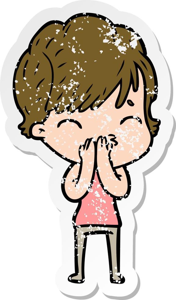 distressed sticker of a cartoon woman thinking vector