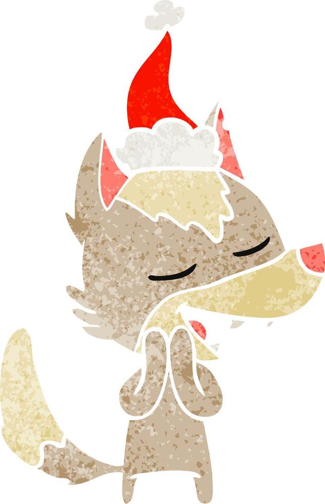 retro cartoon of a wolf laughing wearing santa hat vector