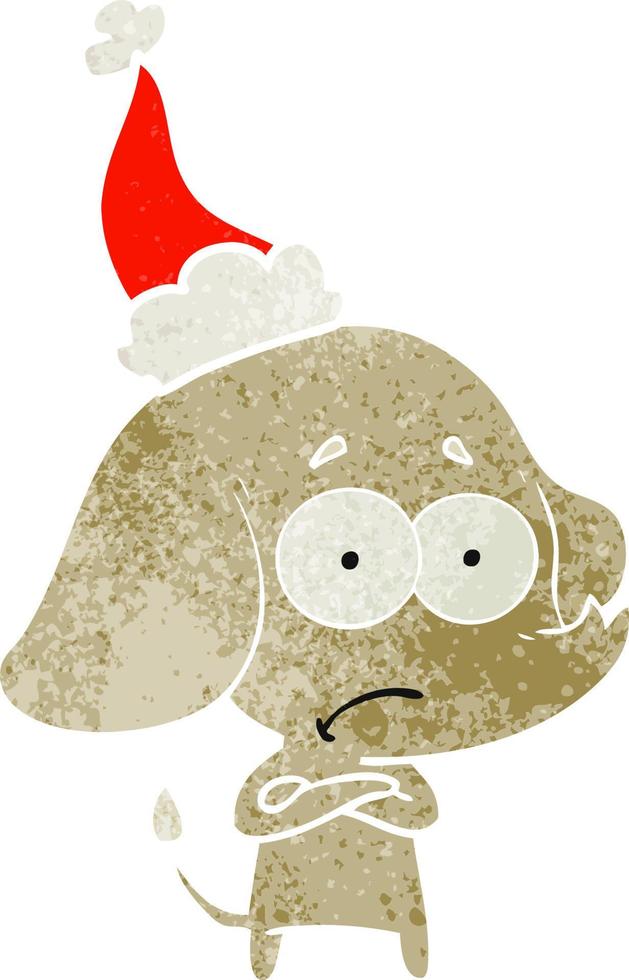 retro cartoon of a unsure elephant wearing santa hat vector