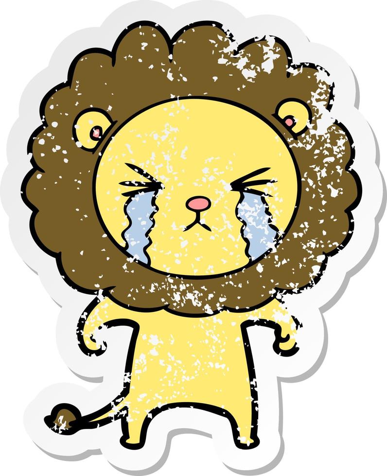 distressed sticker of a cartoon crying lion vector