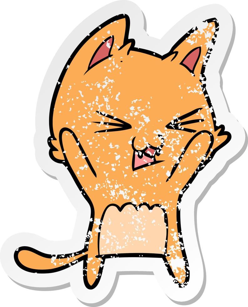 distressed sticker of a cartoon cat hissing vector