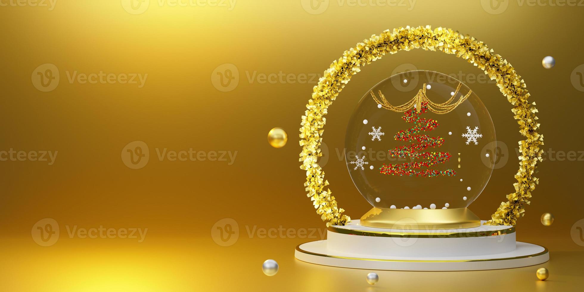 snow globe and Christmas tree with golden tinsel in Gold composition for modern stage display and minimalist mockup ,Concept Christmas and a festive New Year, 3d illustration or 3d render photo