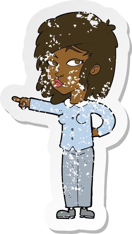retro distressed sticker of a cartoon woman pointing vector