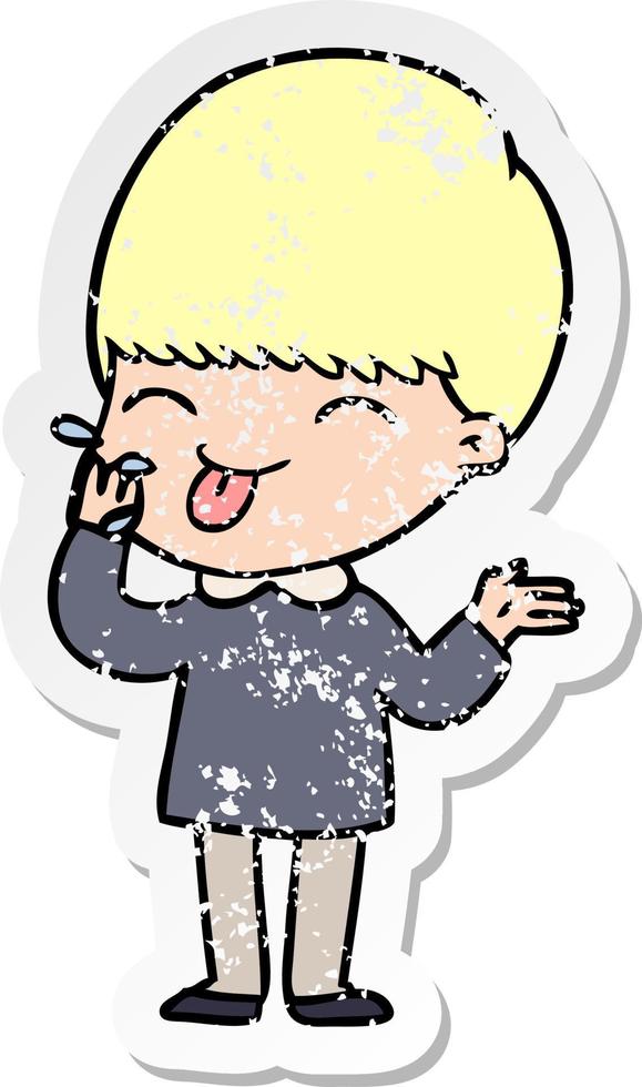 distressed sticker of a cartoon boy sticking out tongue vector