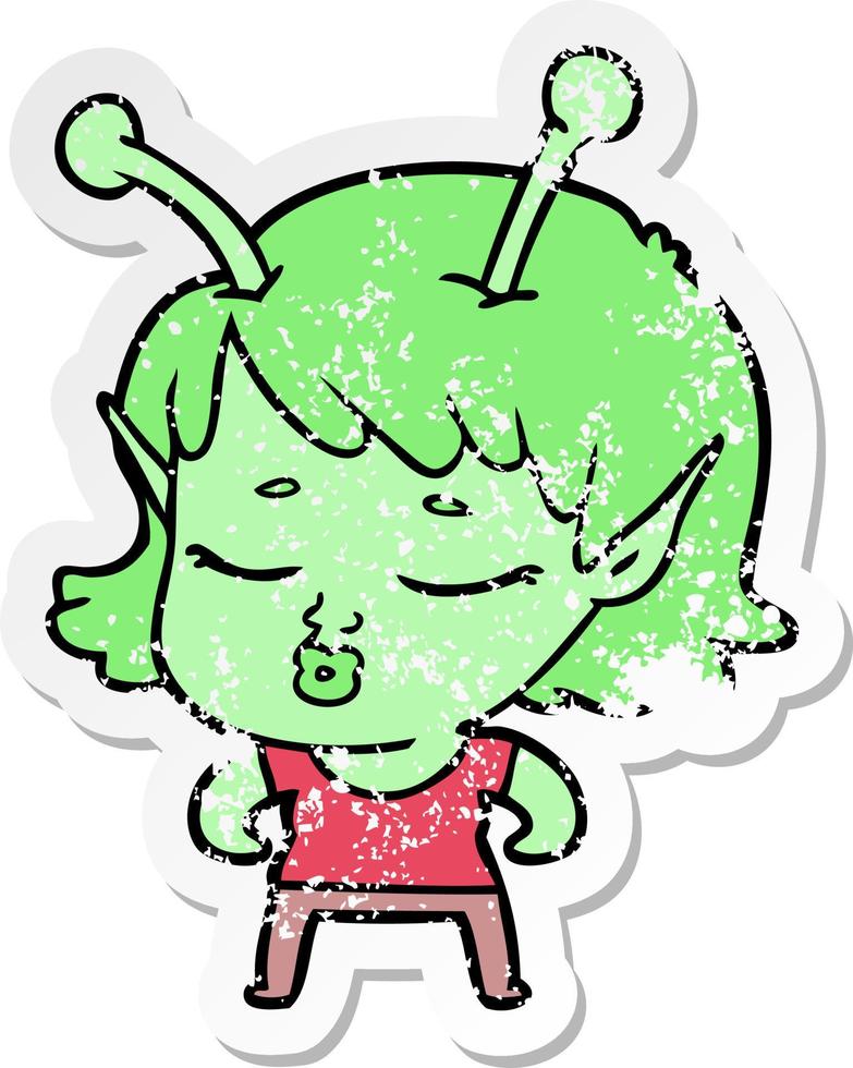 pegatina angustiada de una linda caricatura de chica alienígena vector