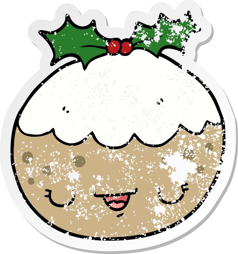 distressed sticker of a cute cartoon christmas pudding vector