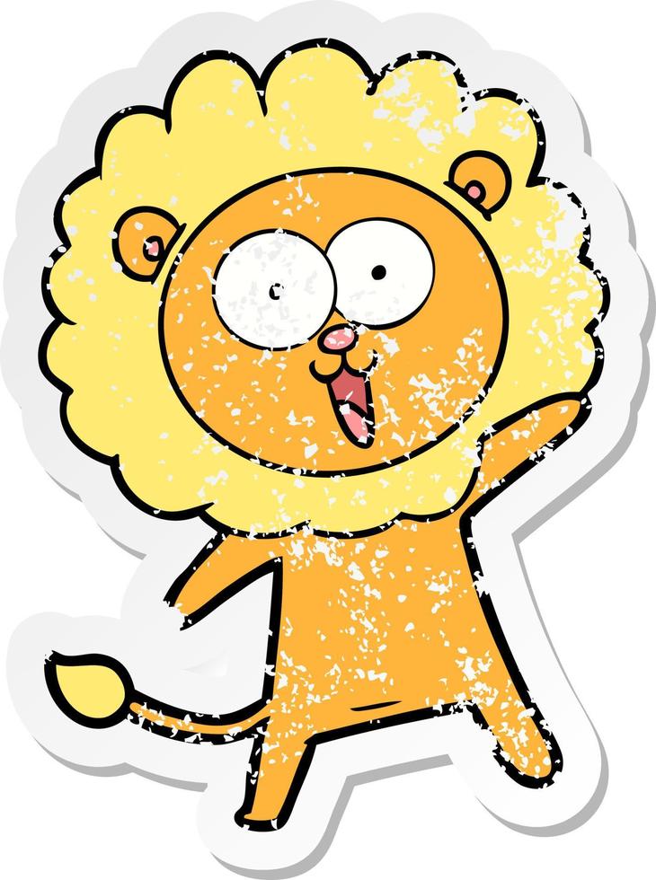distressed sticker of a happy cartoon lion vector