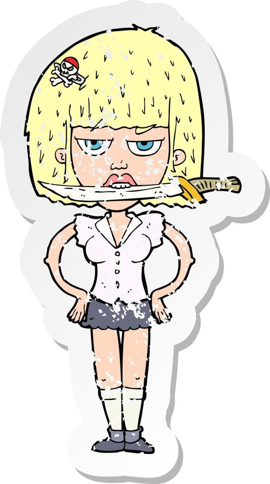 retro distressed sticker of a cartoon woman with knife between teeth vector