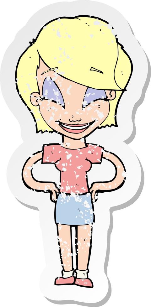 retro distressed sticker of a cartoon woman with hands on hips vector