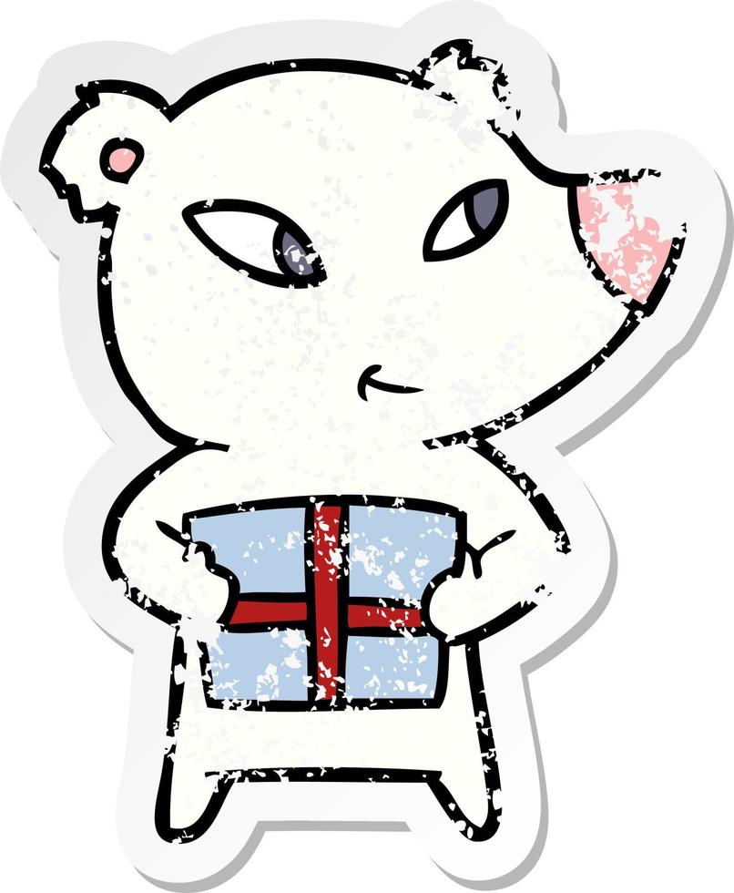 distressed sticker of a cute cartoon polar bear with xmas present vector