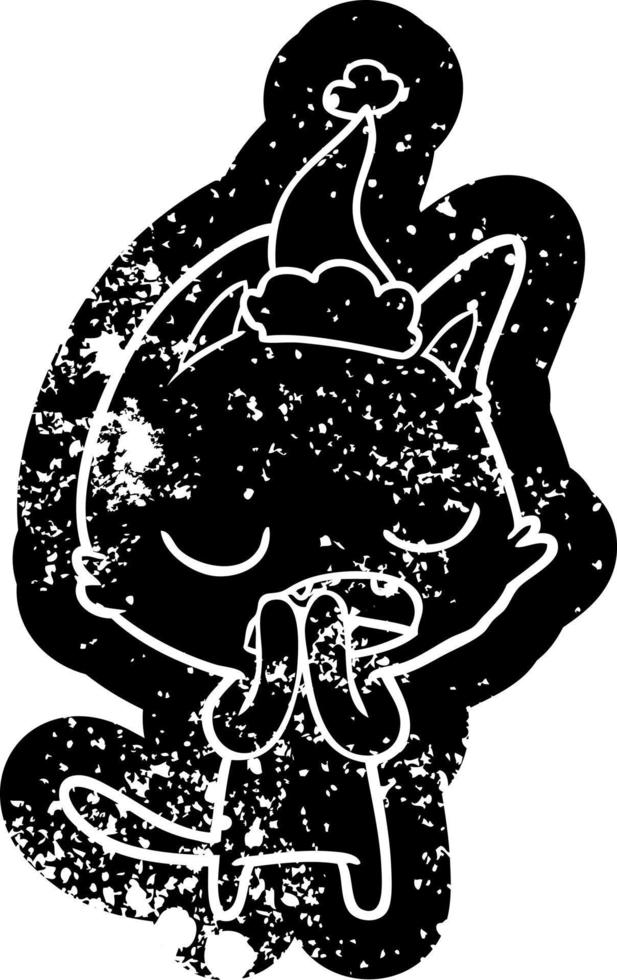 talking cat cartoon distressed icon of a wearing santa hat vector