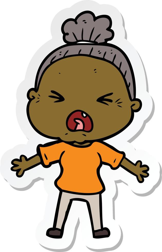 sticker of a cartoon angry old woman vector