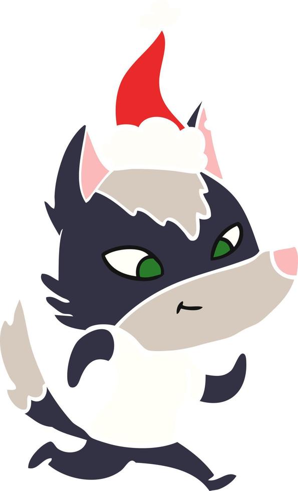 amigable ilustración de color plano de un lobo con sombrero de santa vector