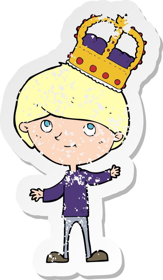 retro distressed sticker of a cartoon person wearing crown vector