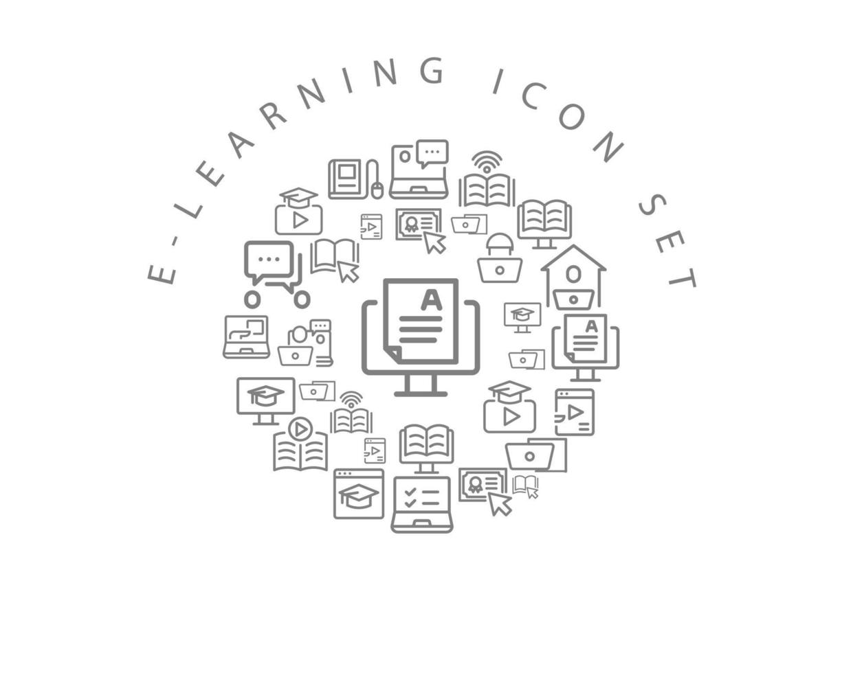 diseño de conjunto de iconos de e-learning sobre fondo blanco. vector