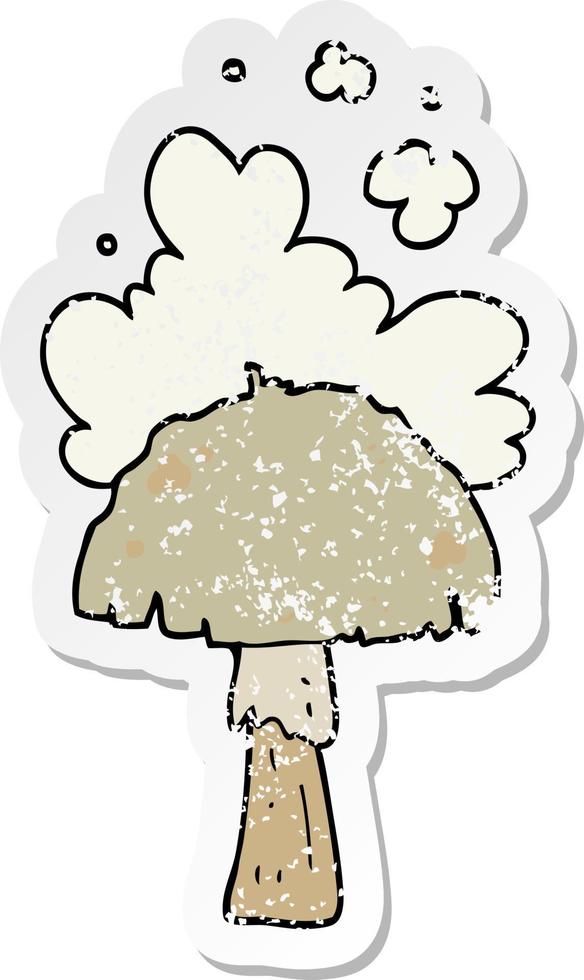 distressed sticker of a cartoon mushroom with spore cloud vector