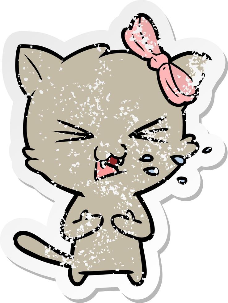 distressed sticker of a cartoon cat vector