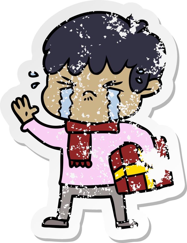 distressed sticker of a crying boy cartoon vector
