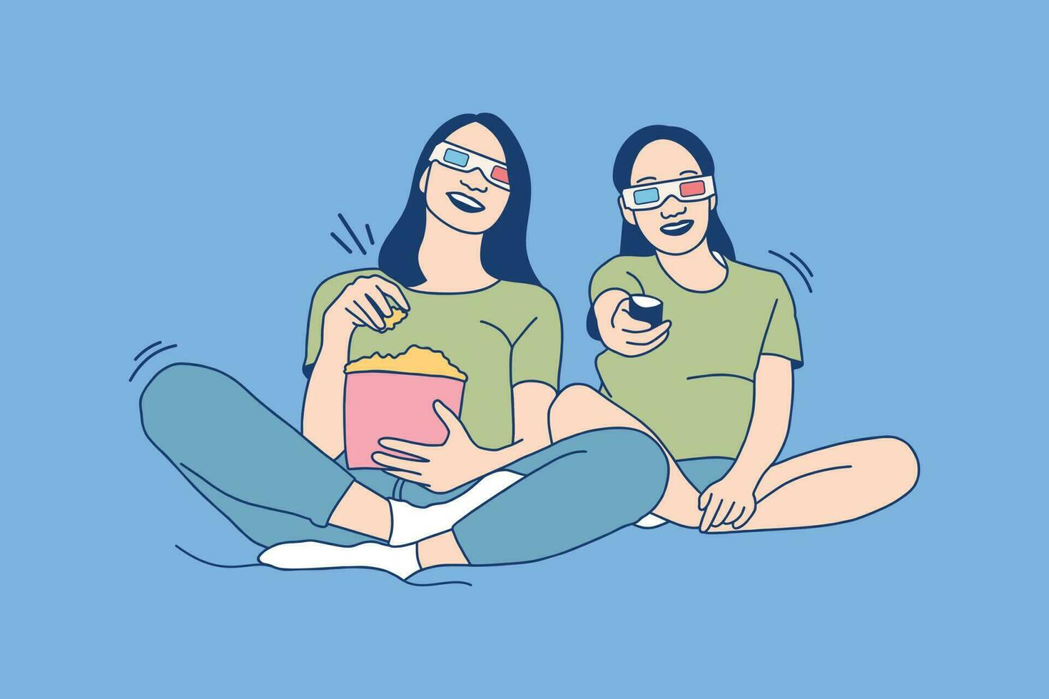 Illustrations two Beautiful young woman watching movie at home with three-dimensional glasses and eating popcorn vector