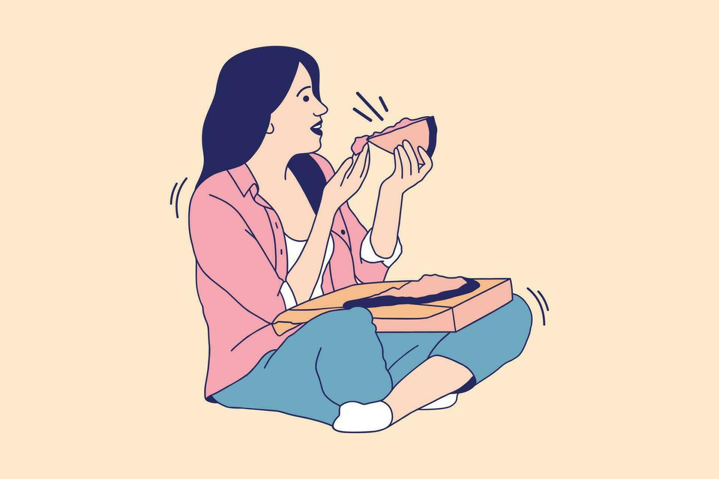 Illustrations Beautiful young woman sit on a floor and eats pizza vector