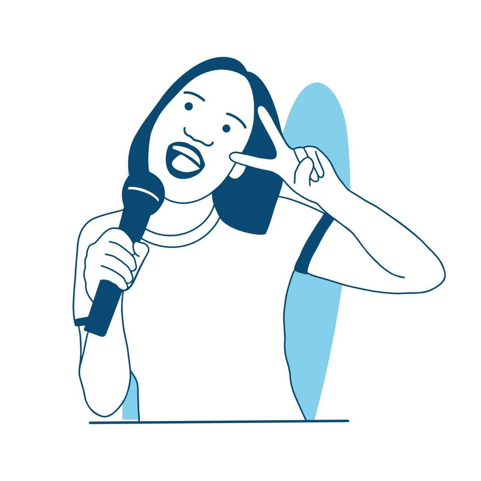 flat style vector illustration beautiful singing Girl karaoke happy party hold microphone