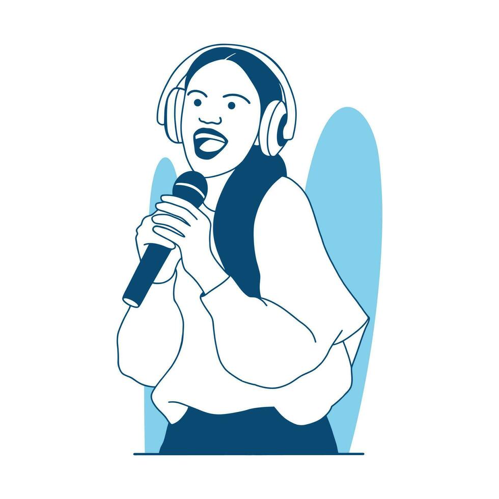 flat style vector illustration beautiful singing Girl karaoke happy party hold microphone