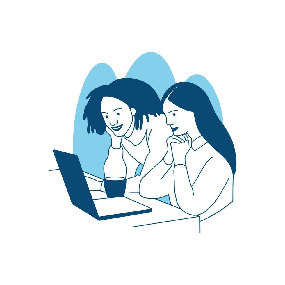 flat style vector illustration teamwork beautiful women working together with laptops