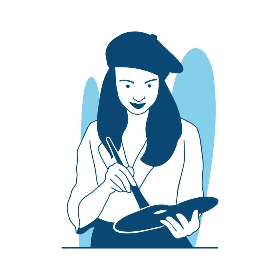flat style vector illustration beautiful young girl artist works with paintbrush draws paintings