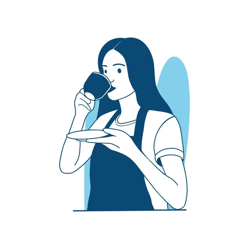 ilustración de vector de estilo plano una hermosa chica disfruta bebiendo café