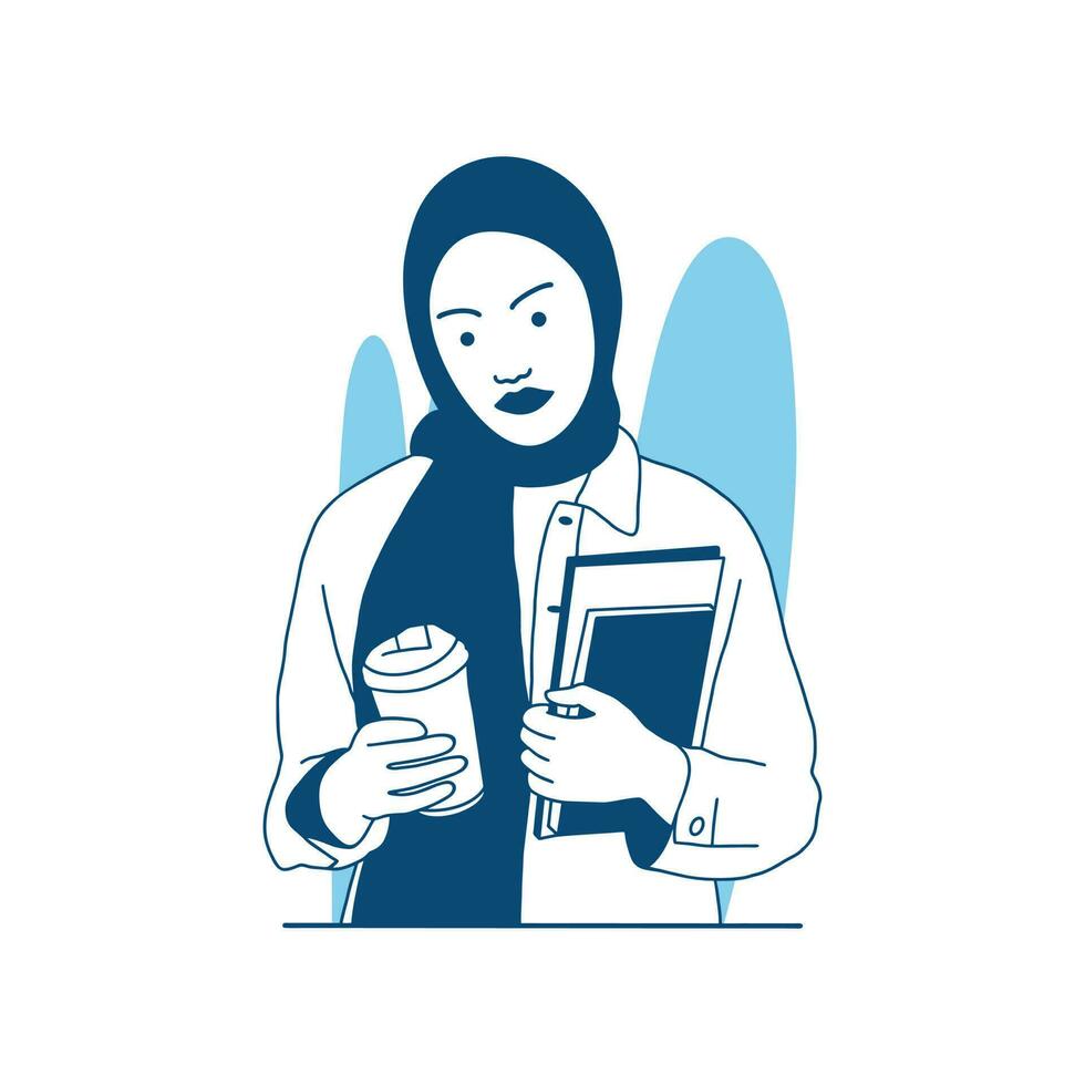 flat style vector illustration Cute muslim girl wear hijab uses a phone holding coffee