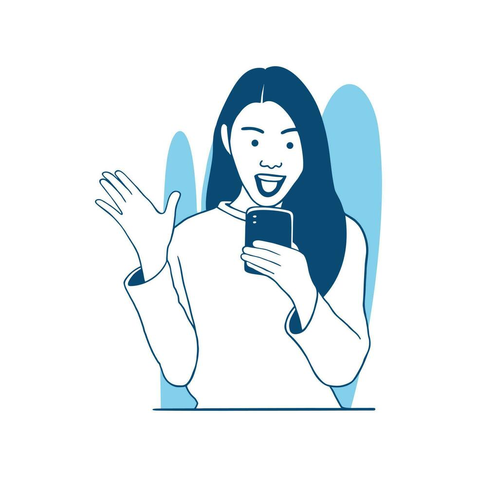 vector illustration a beautiful happy girl smiling with holding a phone