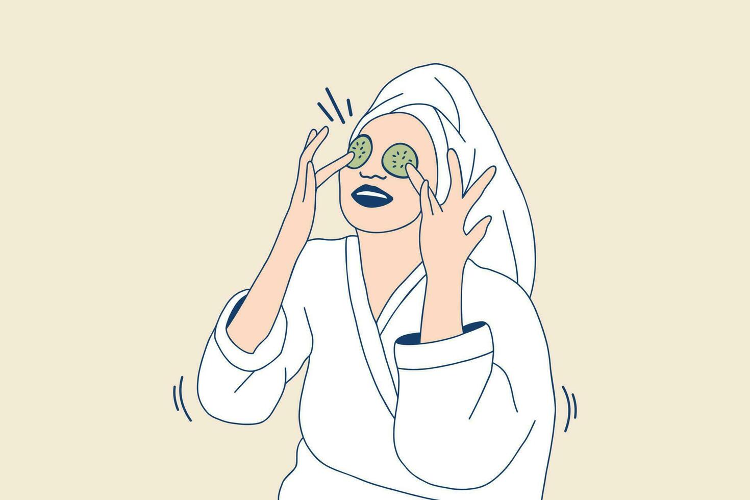 Illustrations Beautiful young woman in bathrobe applying a natural facial mask cucumber slices on face vector