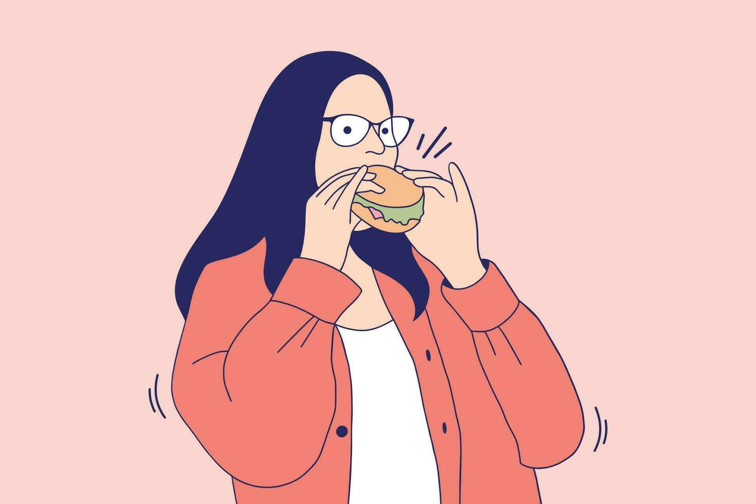 ilustraciones hermosa joven feliz comiendo hamburguesa con queso vector