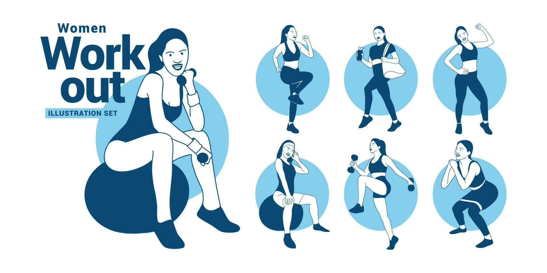 Women Workout doing fitness and yoga exercisesIllustration Set vector
