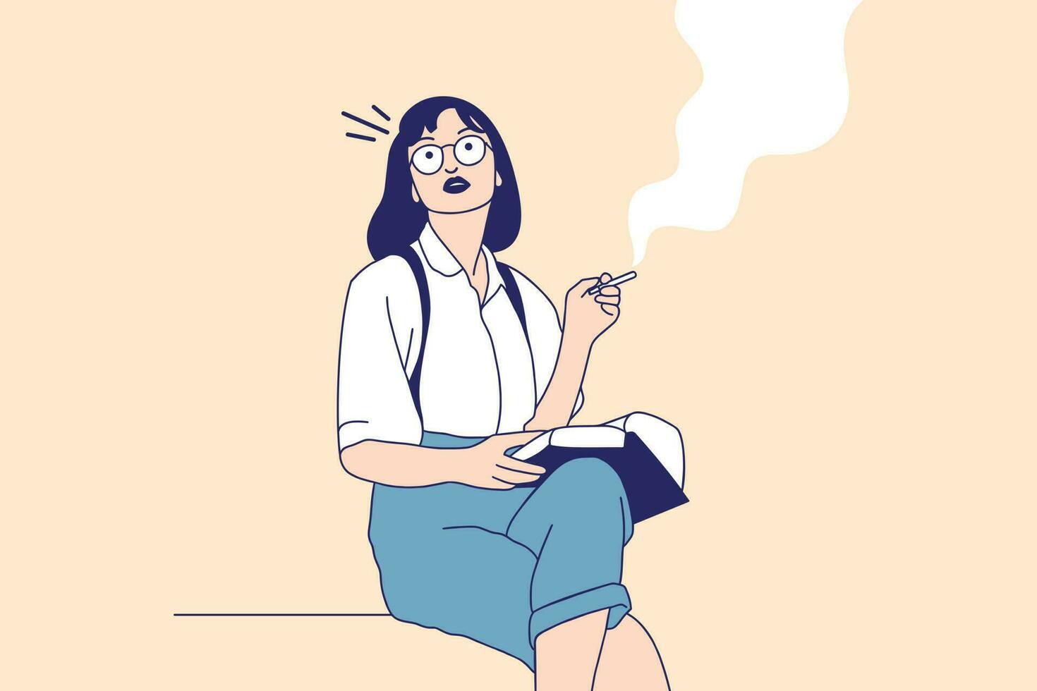 ilustraciones de una hermosa joven fumando cigarrillos y leyendo un libro vector