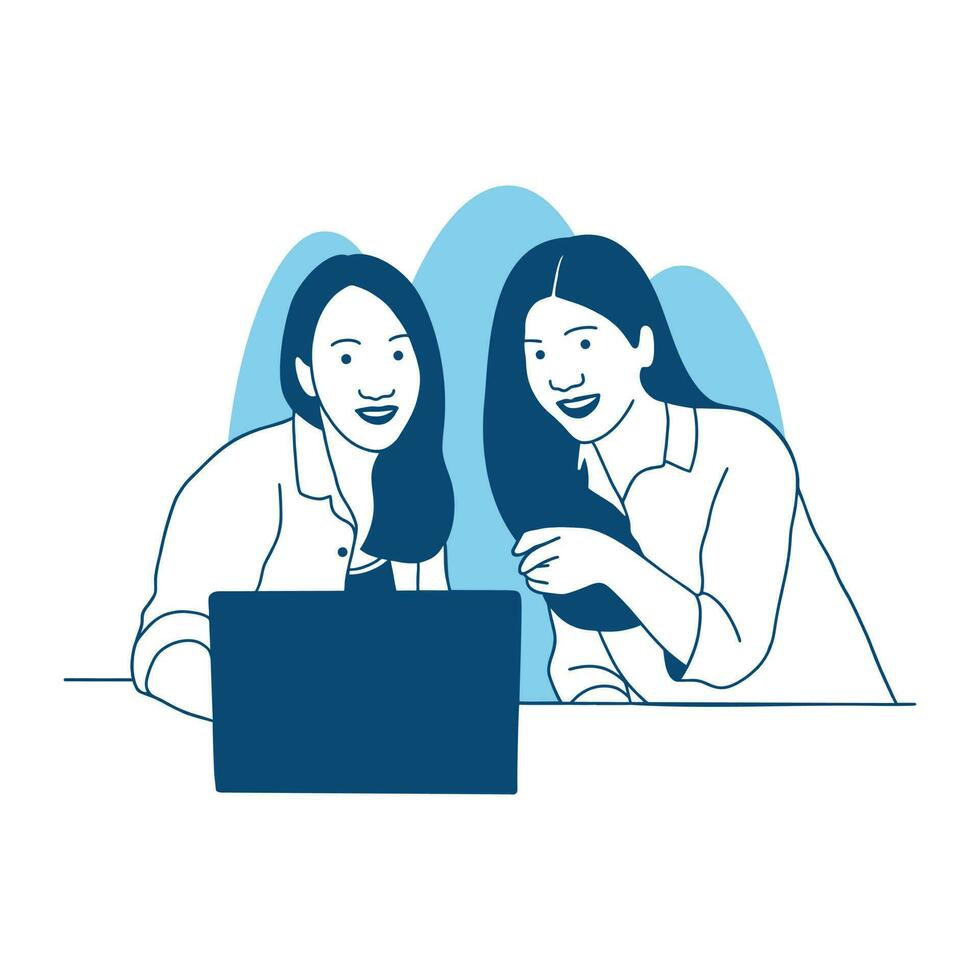 flat style vector illustration Two Beautiful young women sitting at the table using a laptop work from home
