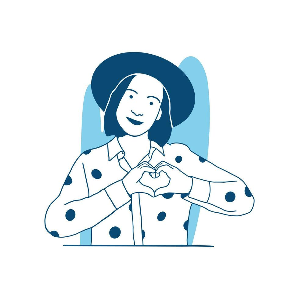ilustración de vector de estilo plano hermosa chica con sombrero y pose signo de amor