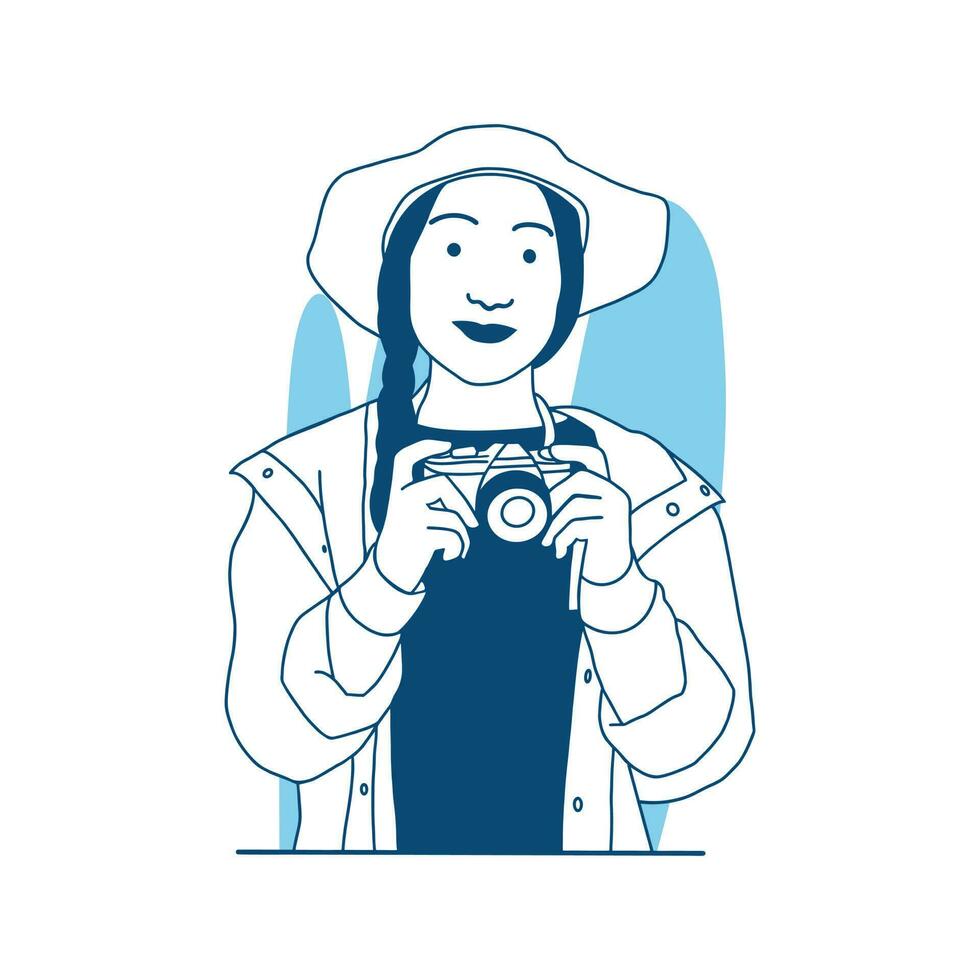 flat style vector illustration beautiful girl Professional photographer and equipment concept