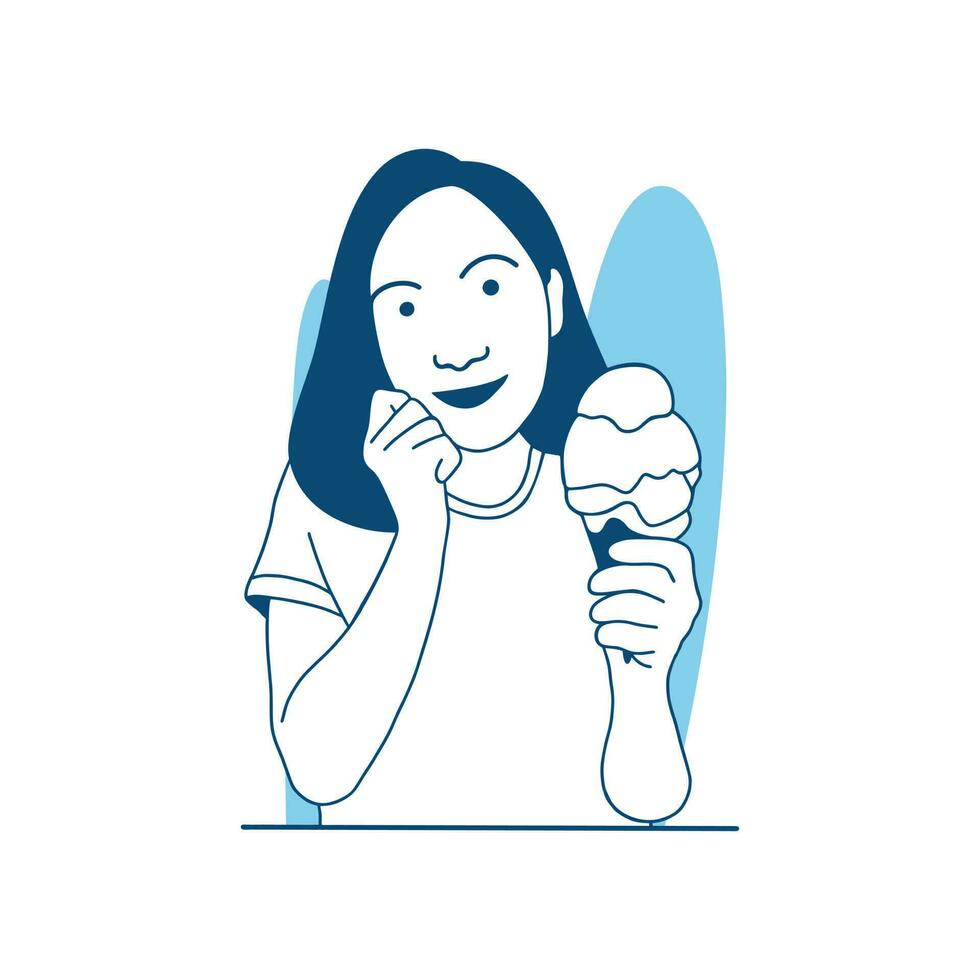 flat style vector illustration beautiful girl Woman eating fruit ice cream