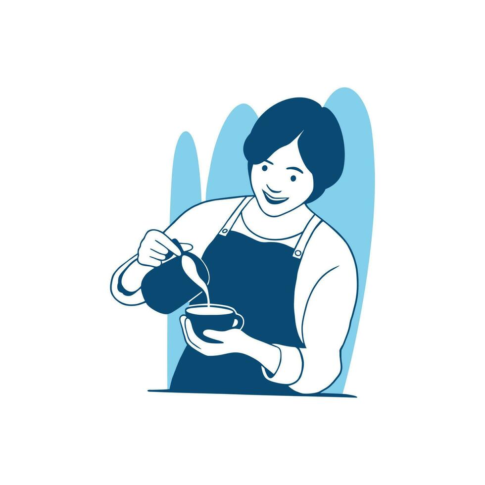 vector illustration barista woman adds milk to cup coffee working in Coffee shop